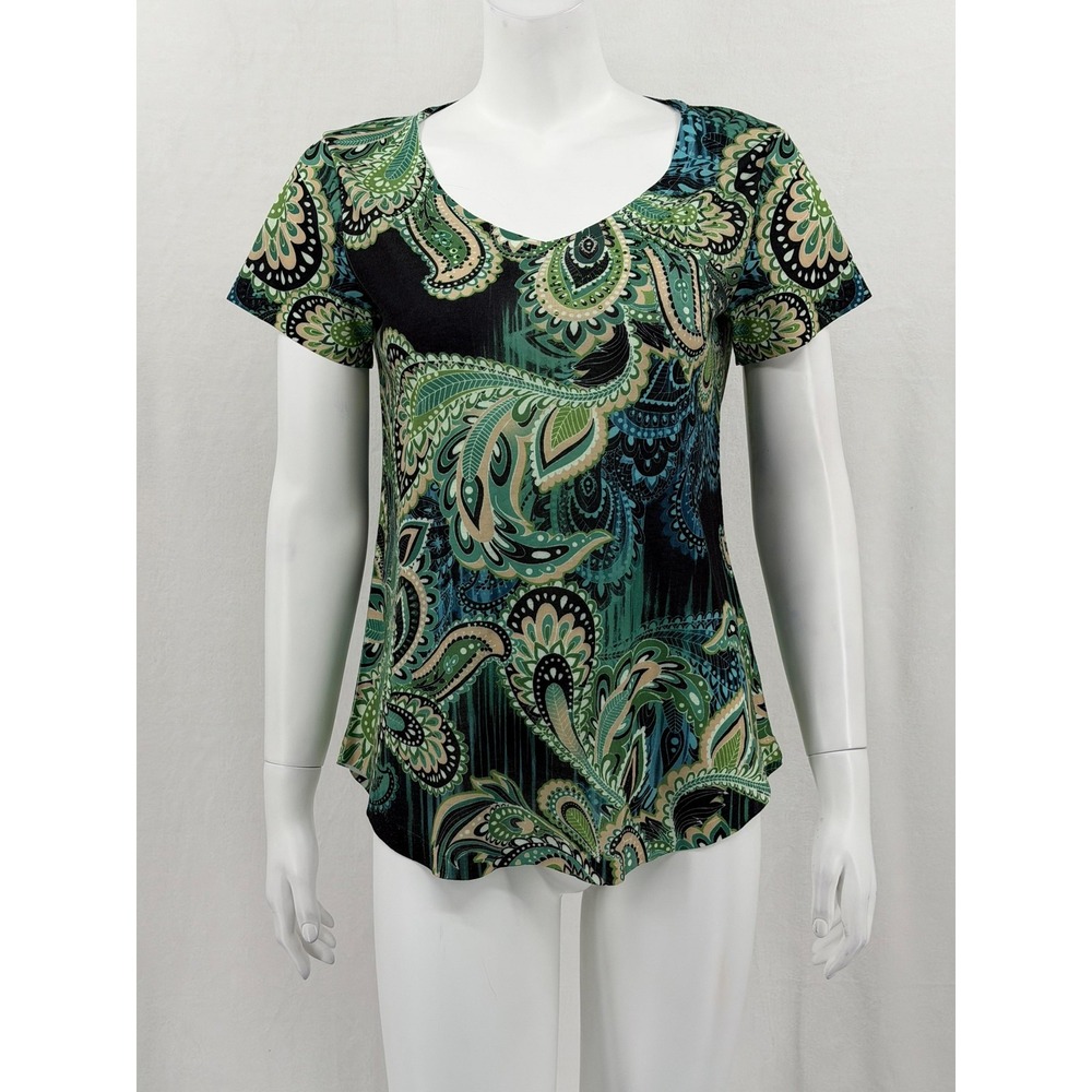 One World Top Womens Small Green‎ Paisley V-Neck Short Sleeve Boho Embellished